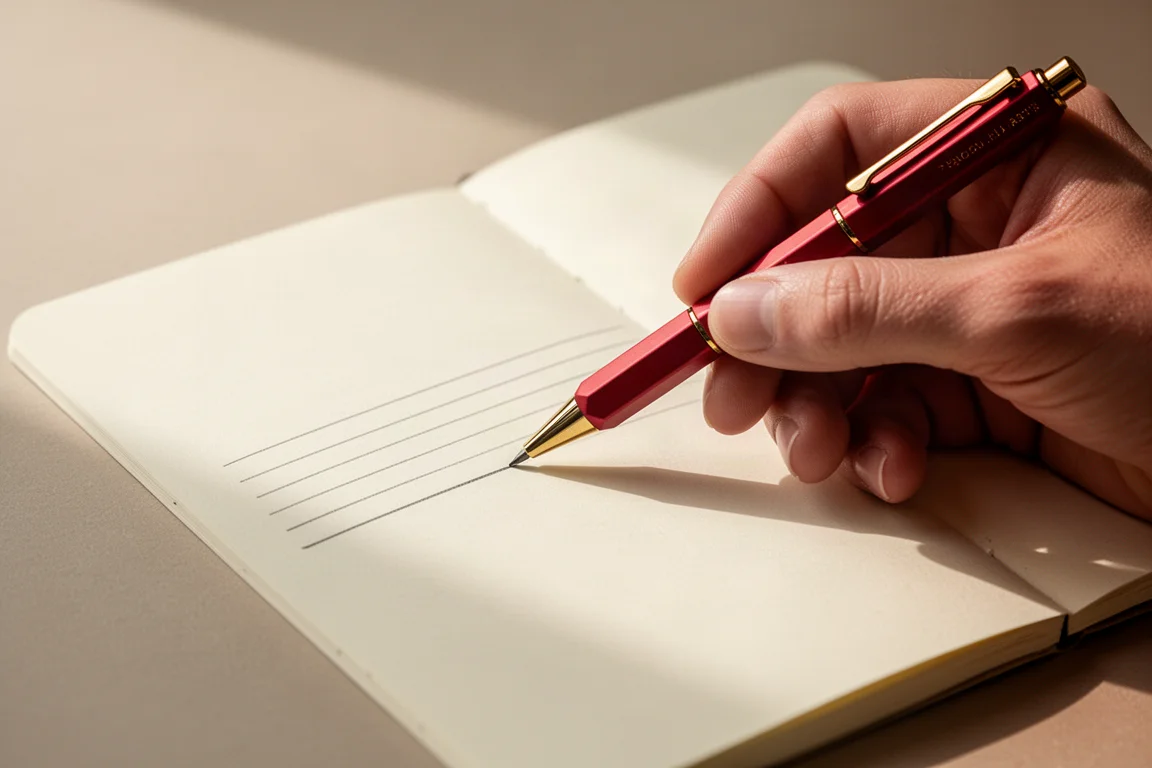 Hand schreibt geschmeidig auf cremefarbenem Notizbuchpapier mit einem Druckbleistift