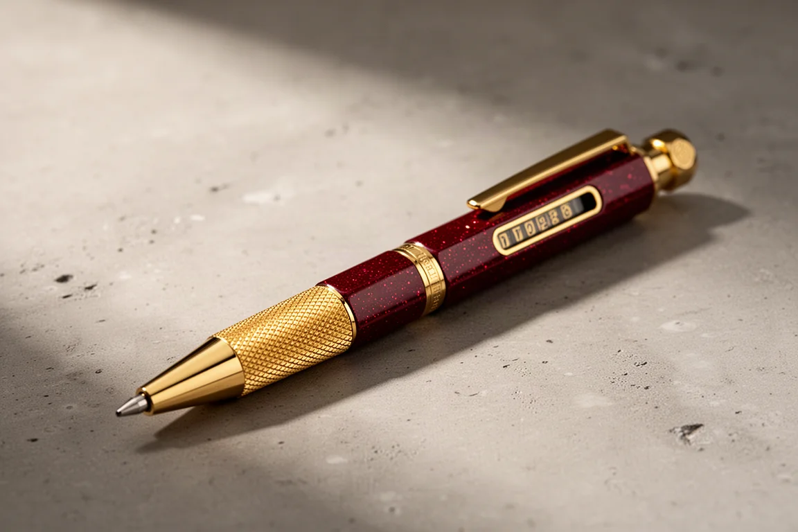 Deep red hexagonal mechanical pencil with gold trim on a matte concrete surface