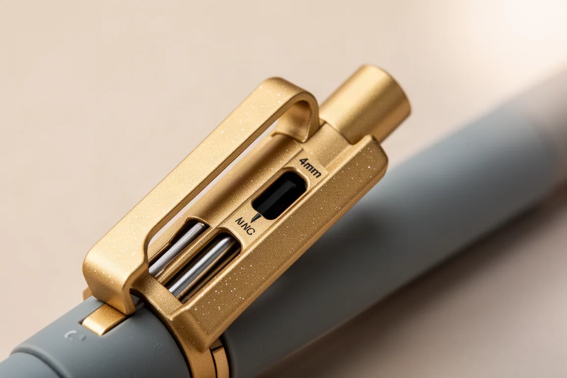 Close-up de um clipe dourado fosco e tubo de pegada metálico contra um corpo cinza