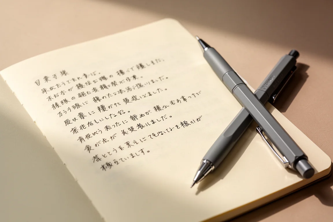 Caracteres japoneses escritos à mão em papel creme com uma lapiseira ao lado da página