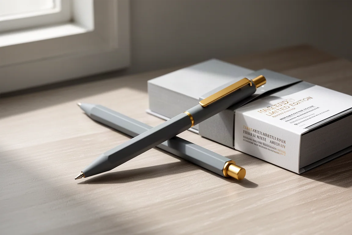 Staedtler Hexagonal Limited Version 1 pencil in cool grey with gold clip beside its packaging