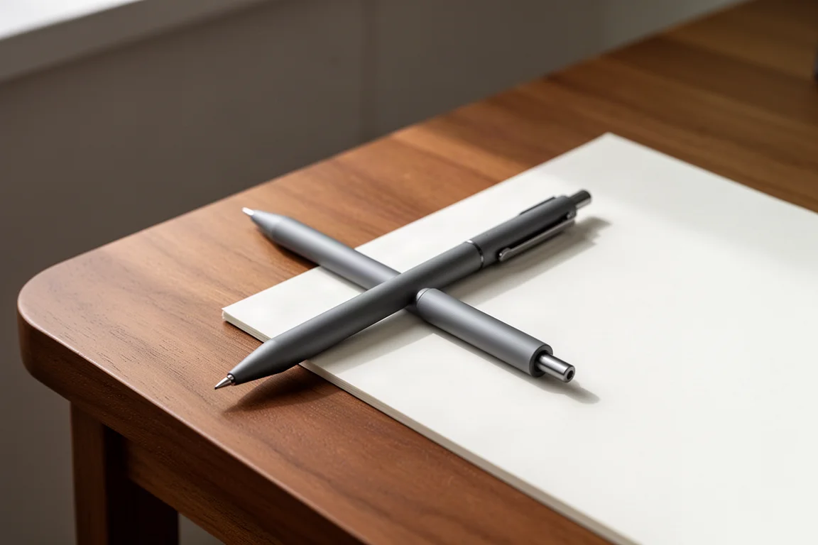 Portaminas gris apoyado sobre un escritorio de madera junto a papel de cuaderno