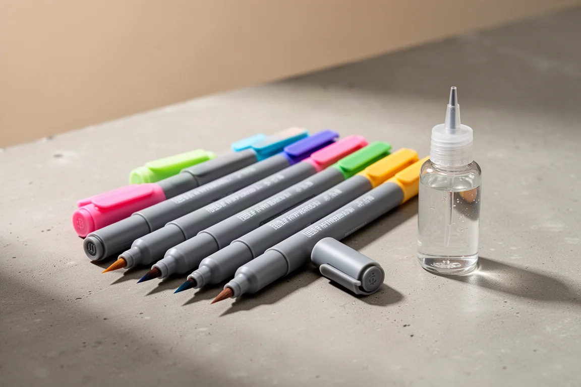 Staedtler pigment brush pens fanned out beside a small bottle of blending liquid on concrete