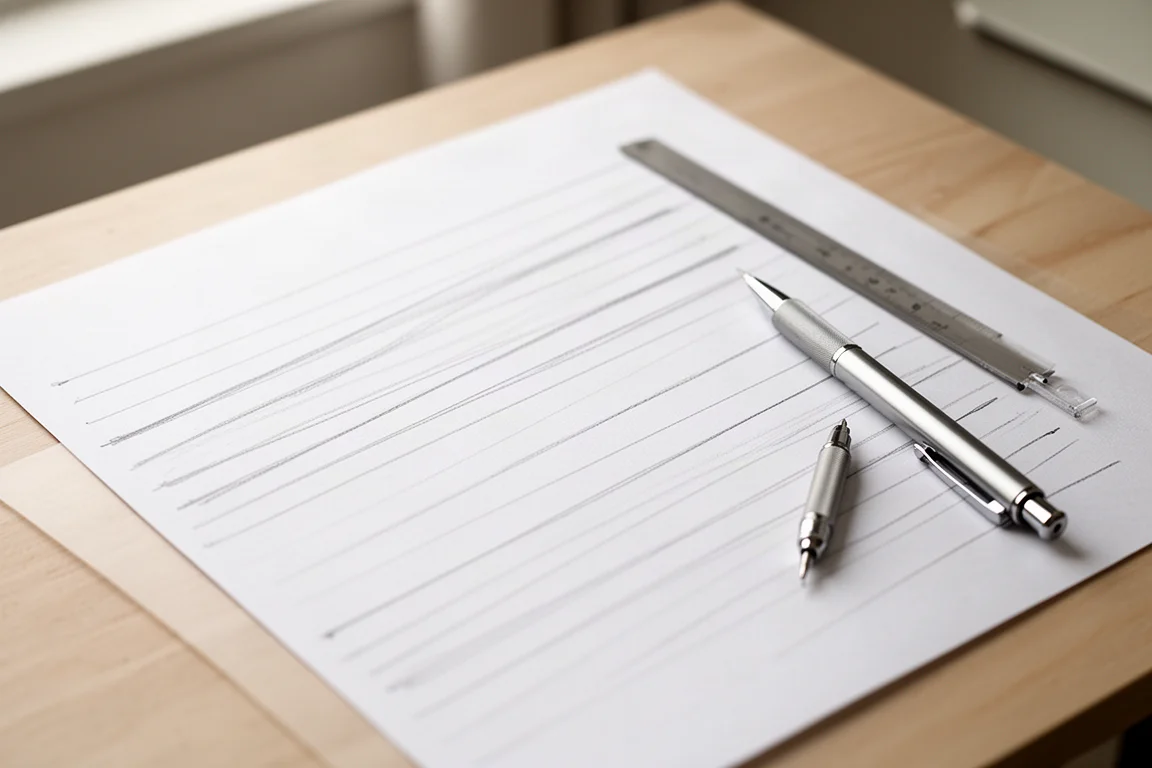 Met de hand geschreven lijnen van gladde grafietpotloodstrepen op wit papier