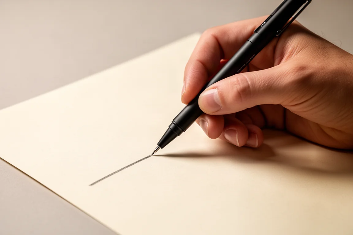 Mano che scrive con una matita meccanica nera su carta sotto una calda luce da scrivania
