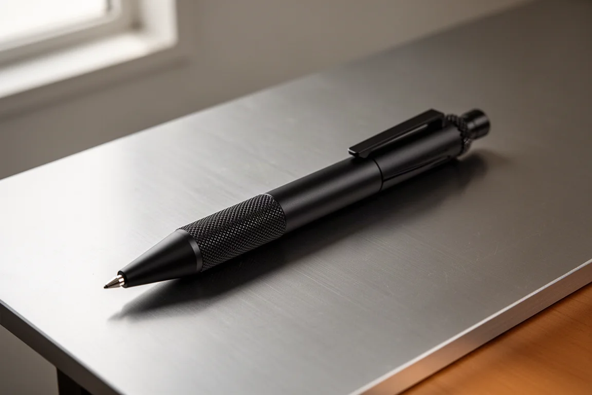 Matita meccanica Staedtler REG nero opaco su una superficie di scrivania in alluminio spazzolato