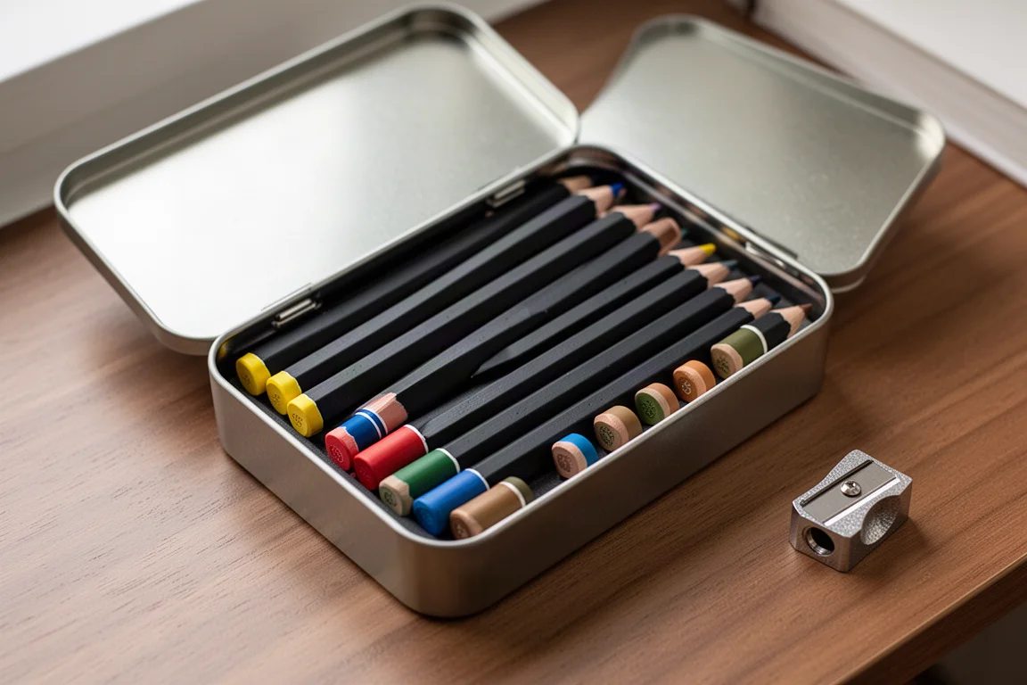 Open metal tin of black-barrelled coloured pencils with colour-dipped ends