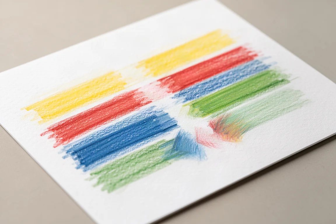 Layer and blending tests drawn with coloured pencils on textured white paper