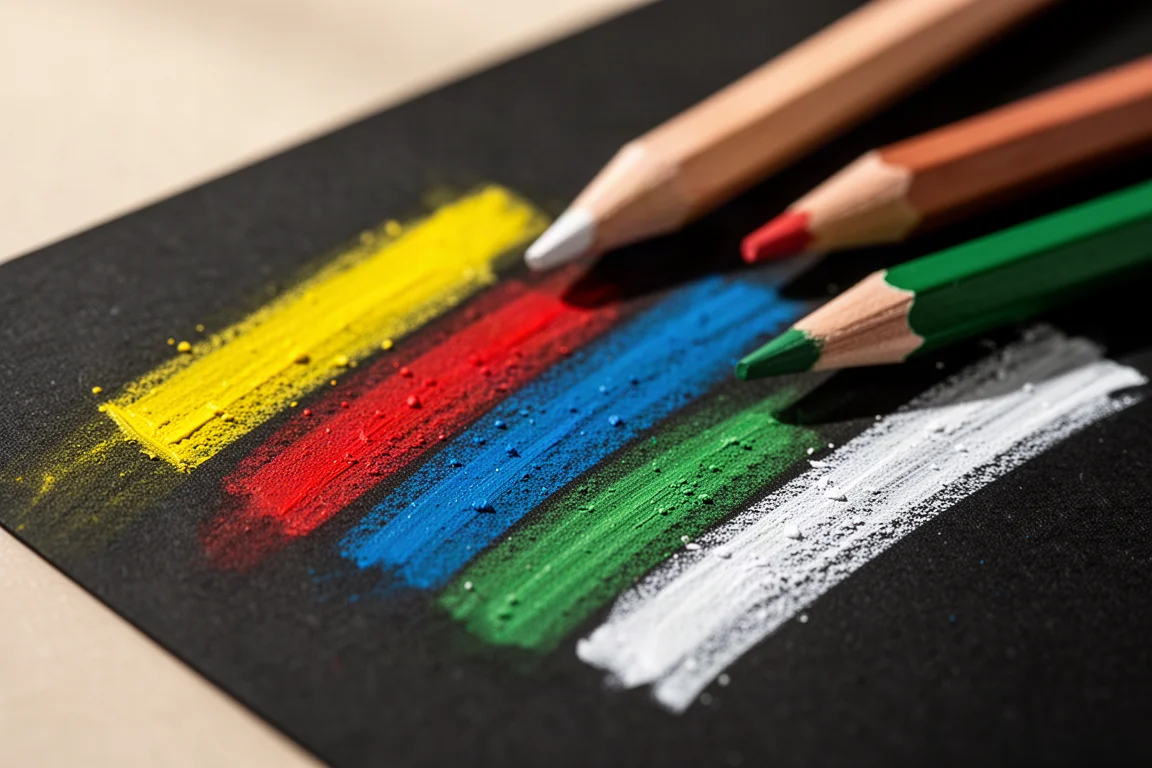 Opaque colour swatches applied on black paper
