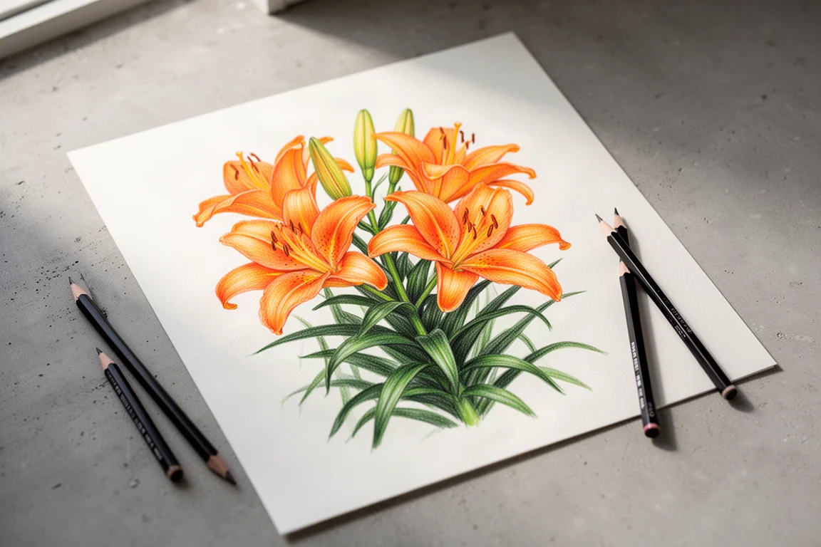 Finished coloured pencil drawing of orange lilies on hot pressed paper
