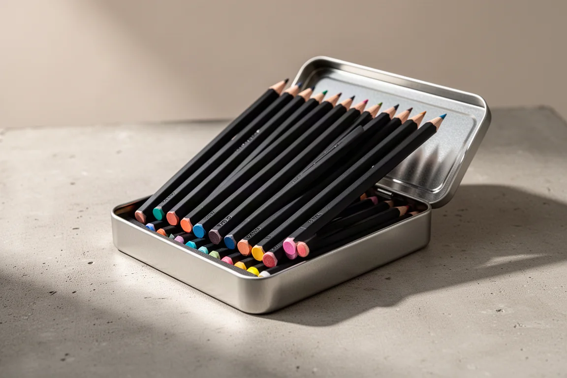 Open metal tin of 24 black-barrelled coloured pencils with colour-dipped ends