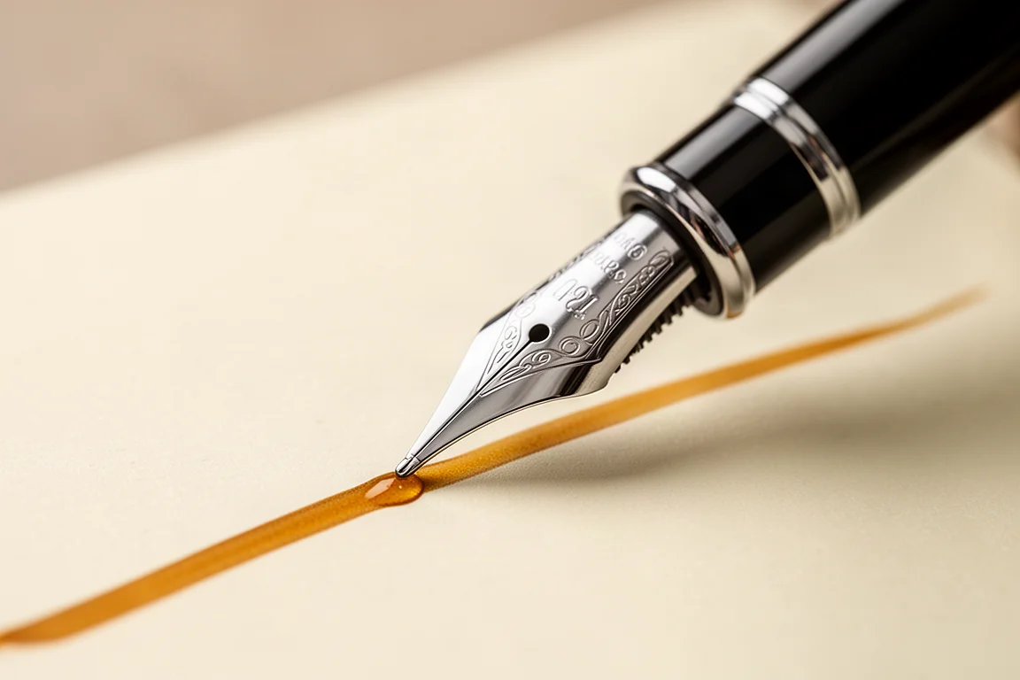 Fountain pen nib gliding across cream paper leaving a warm honey-colored ink line