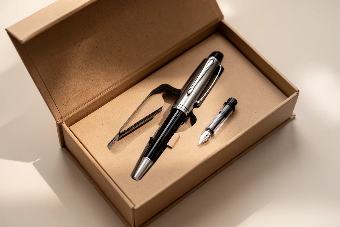 Unboxing view of a fountain pen nested securely inside a cardboard insert