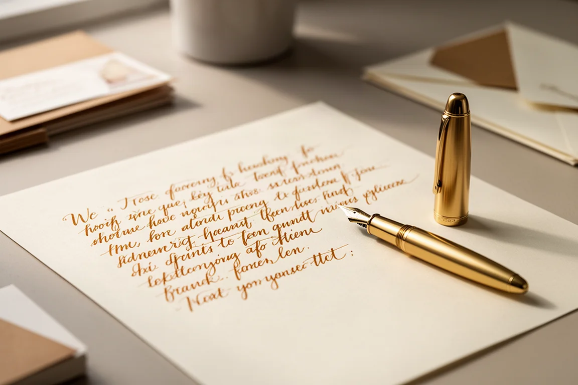 Hand-written notes drying on a desk with a fountain pen resting beside the page