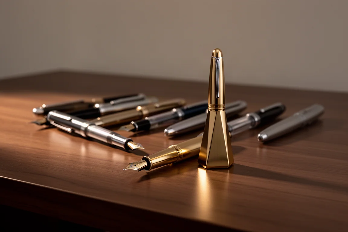 Fountain pen collection arranged on a wooden desk in warm evening light