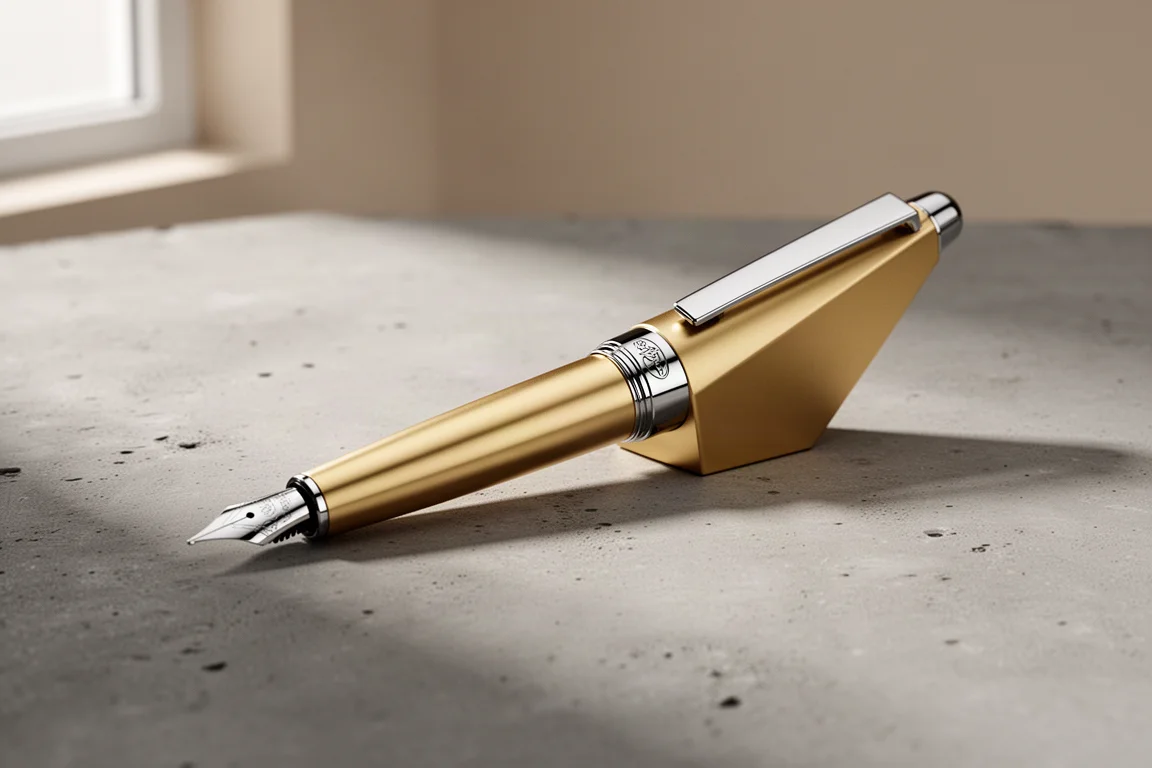 Gold Staedtler Triplus 747 fountain pen with triangular barrel on concrete surface
