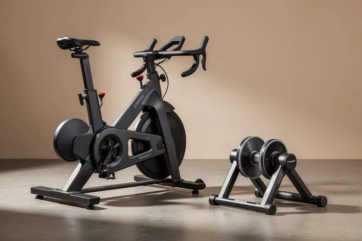 Smart bike indoor completa e compatto smart trainer wheel-off affiancati su un pavimento in cemento