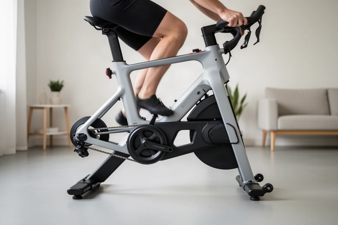 Ciclista em pé sobre o quadro da smart bike mostrando boa folga para monta e desmonta