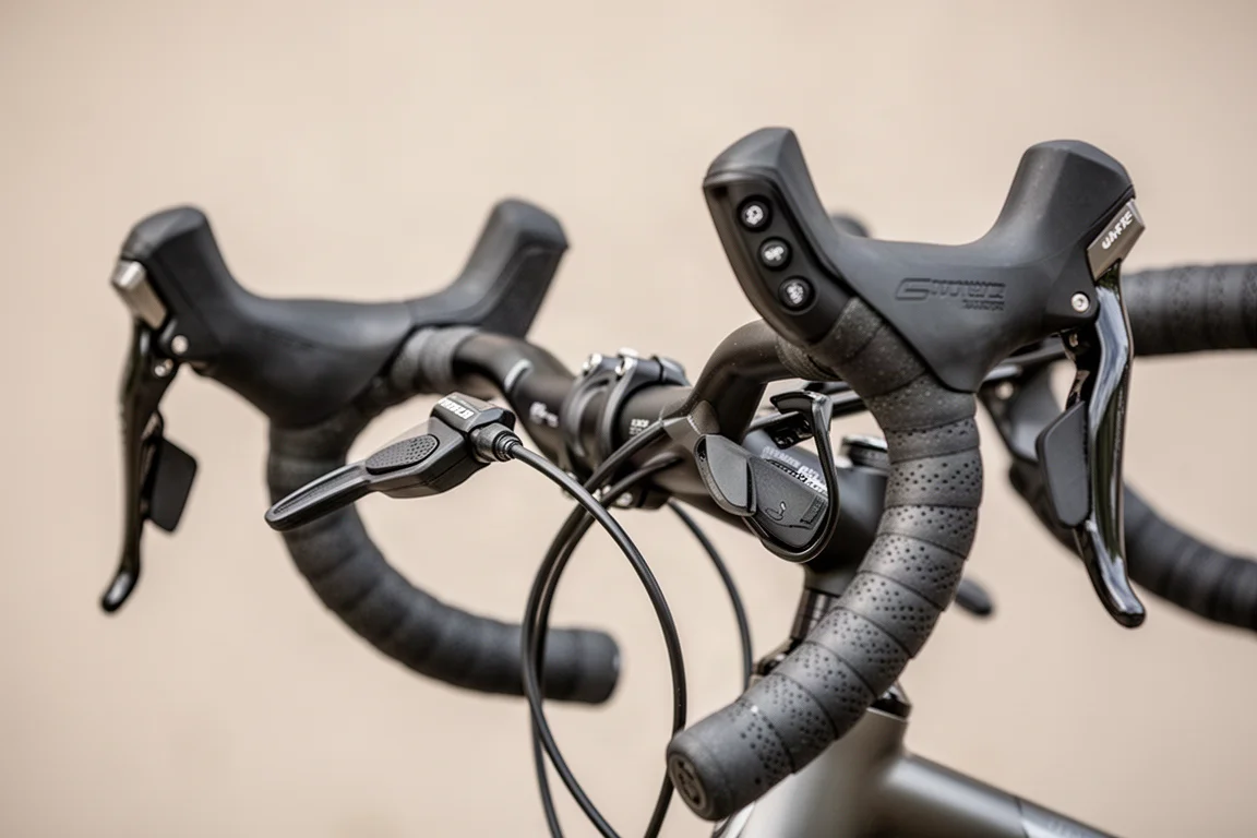 Close das manoplas do guidão drop com shifters e botões