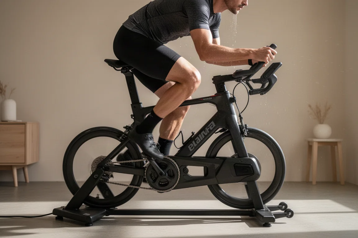 Ciclista fazendo sprint intenso em um rolo de treino indoor em um estúdio caseiro