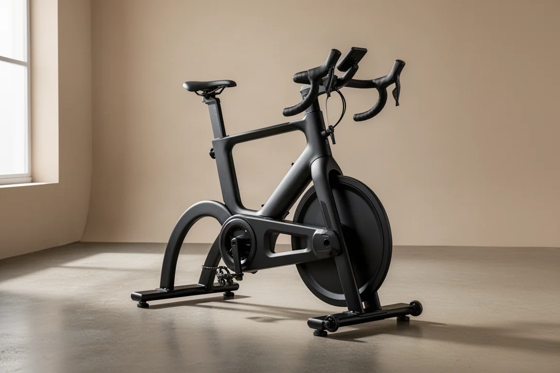 Stages SB200 smart bike in a minimalist studio, three-quarter view