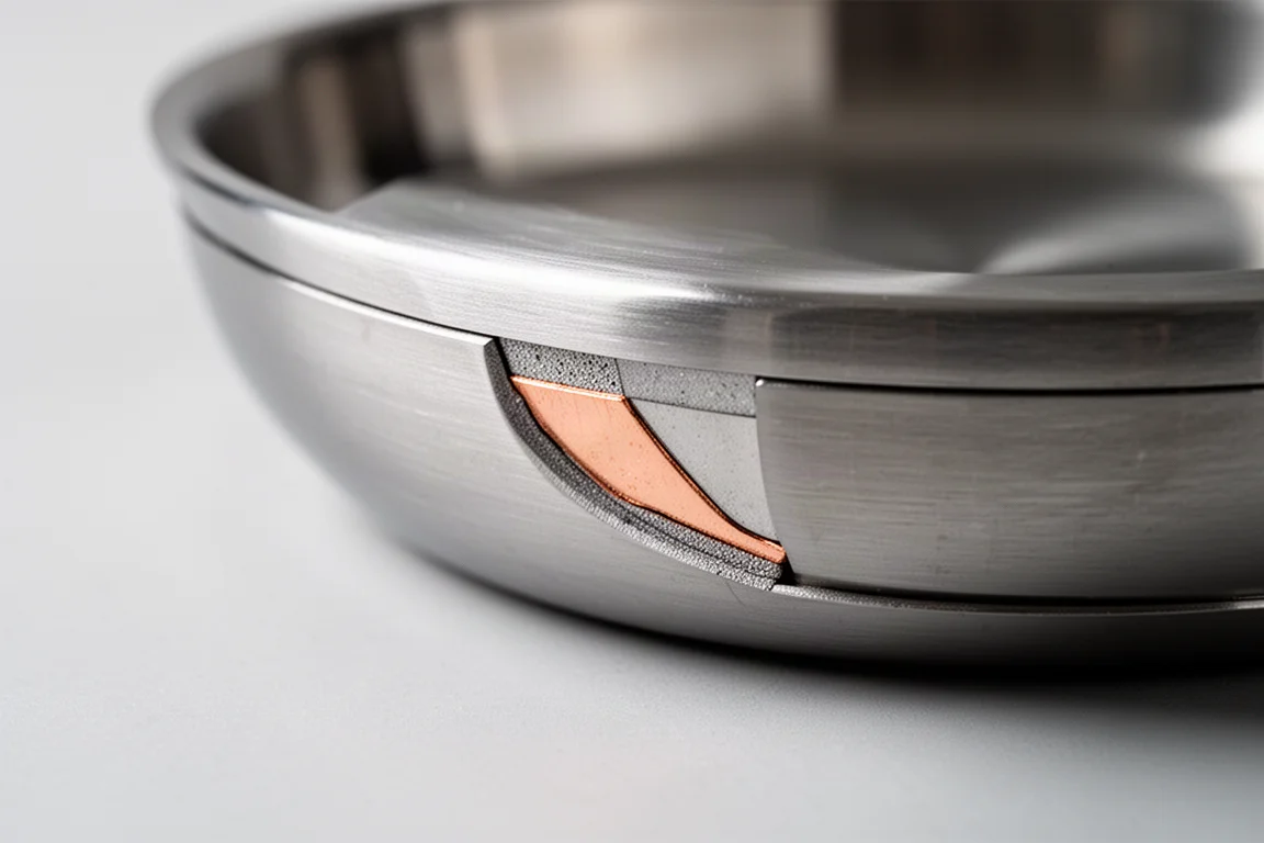 Close-up of the layered edge of a stainless steel pan showing bonded metal layers