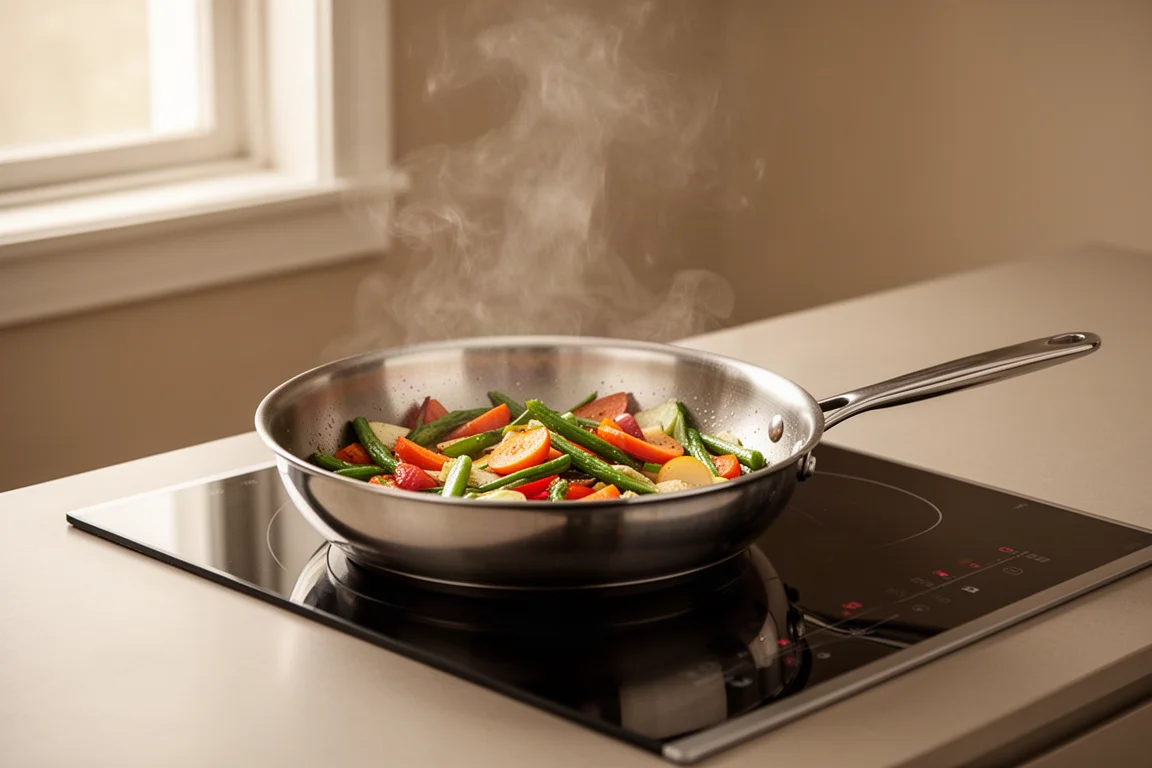 Cook holding a heavy frying pan at an angle while sauteing on a stovetop