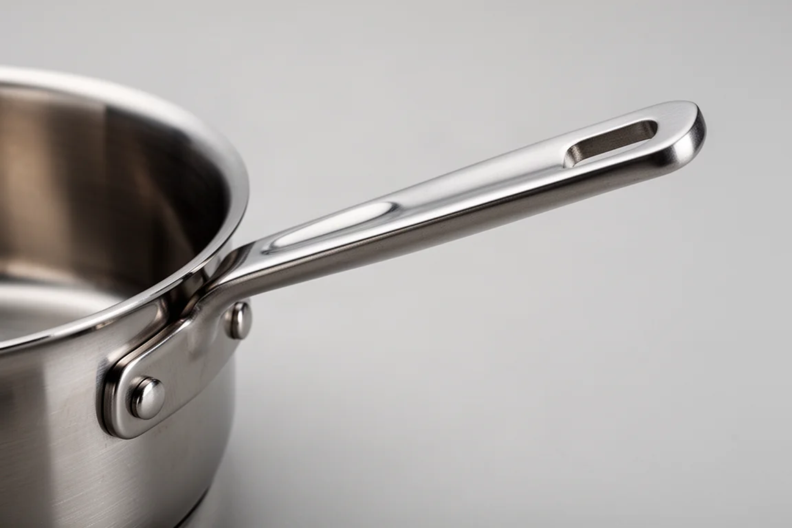 Close-up of a riveted stainless steel pan handle with a flat, secure grip