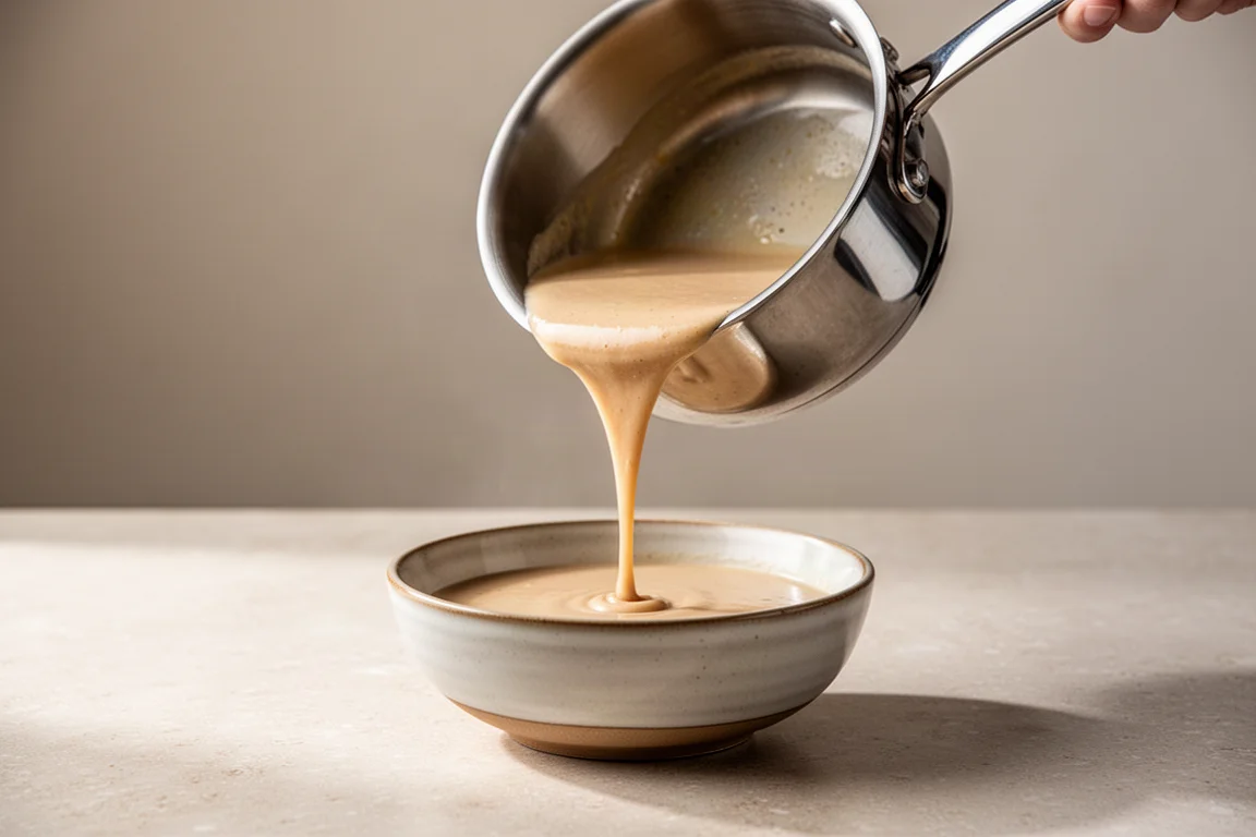 Stainless steel pan pouring sauce from a flared rim into a bowl
