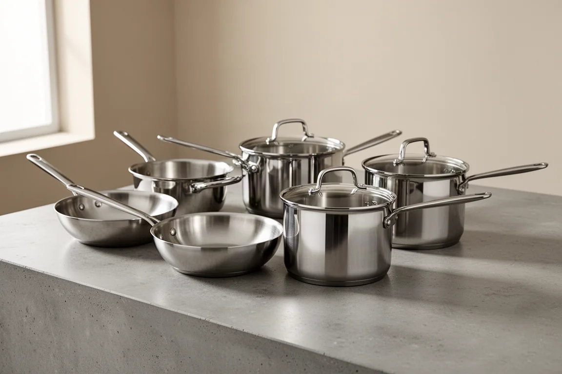 Five stainless steel pans and saucepans lined up on a concrete counter