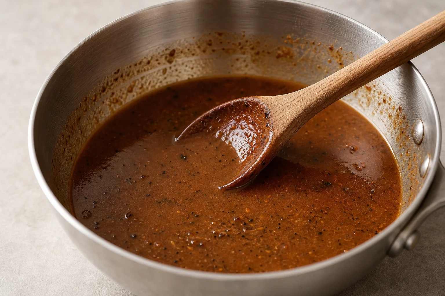 Salsa de sartén terminada con fondo dorado en una cacerola de acero inoxidable
