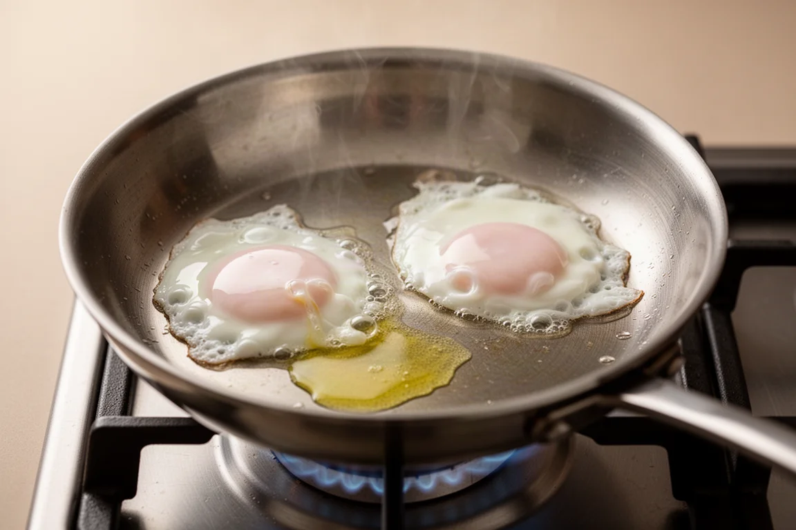 Huevos fritos cocinándose en una sartén de acero inoxidable sobre una llama baja de la estufa