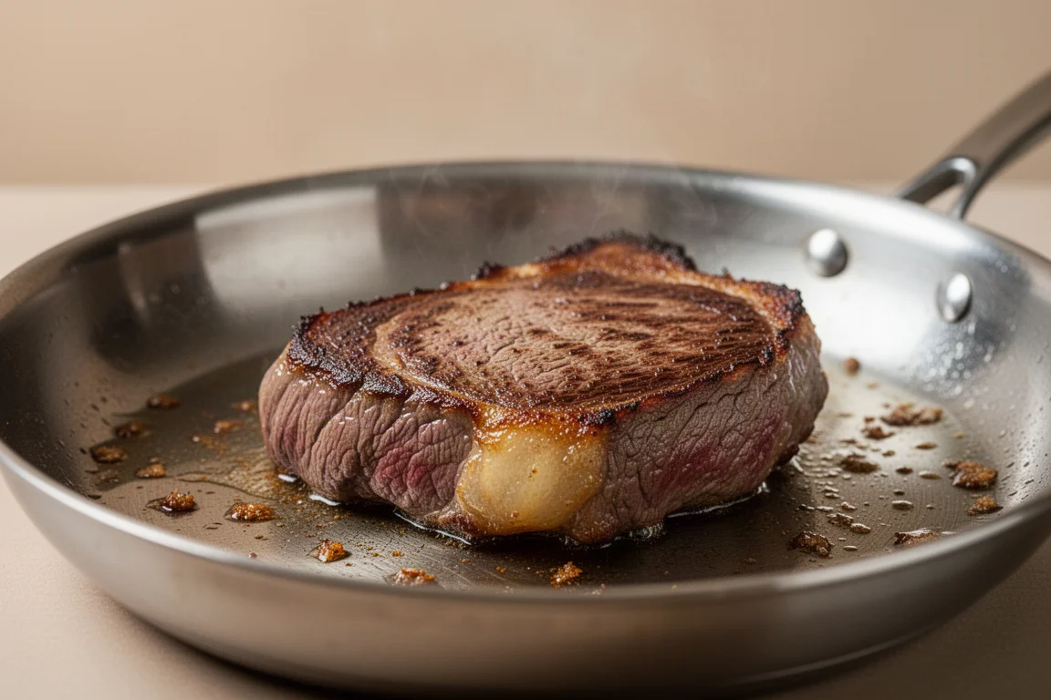 Sellar un bistec con una costra dorada en una sartén de acero inoxidable