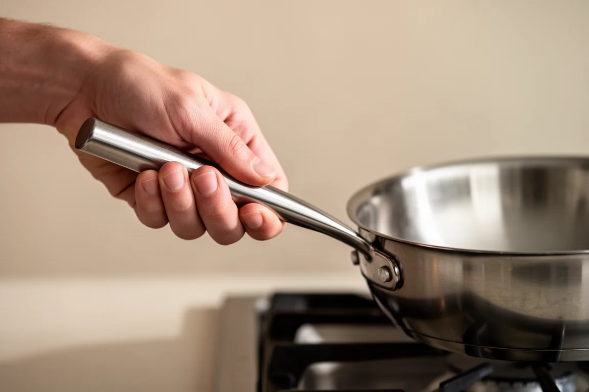 Una mano sujetando el mango plano de una sartén de acero inoxidable caliente