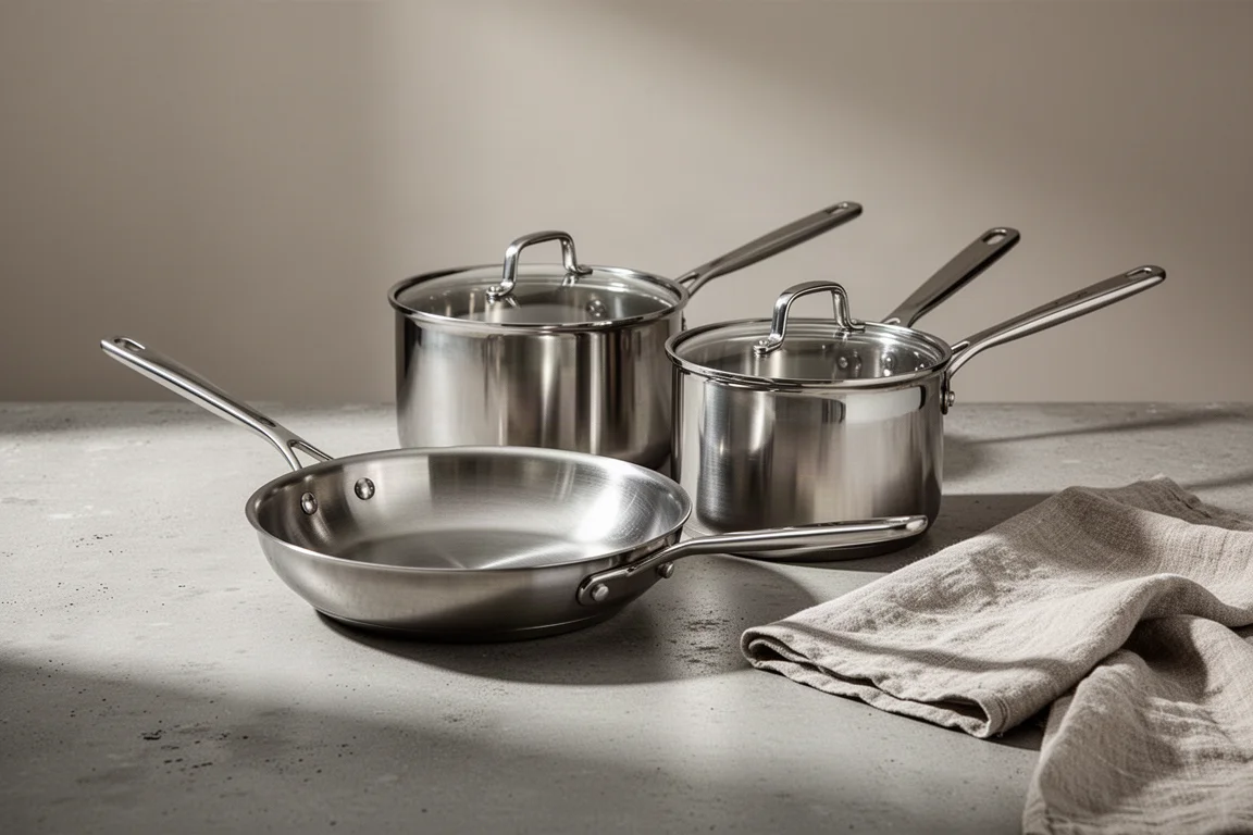 Set of stainless steel cookware pans arranged on a concrete kitchen surface