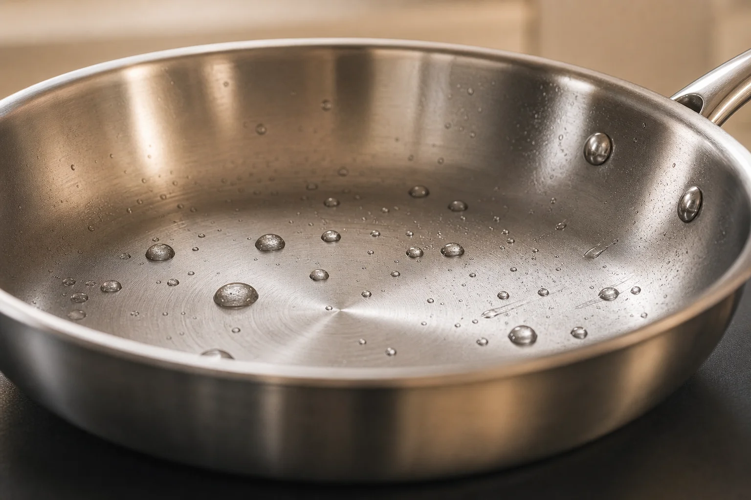 Stainless steel pan rim detail showing sealed edge construction