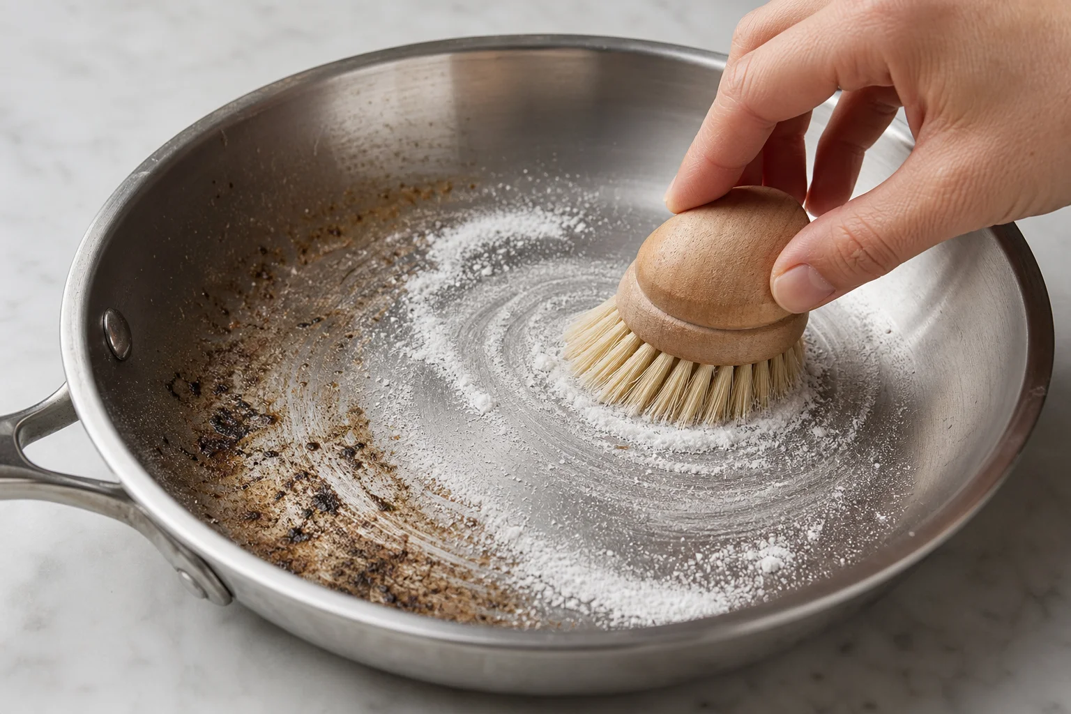Stainless steel cookware being cleaned with powdered abrasive cleaner and brush