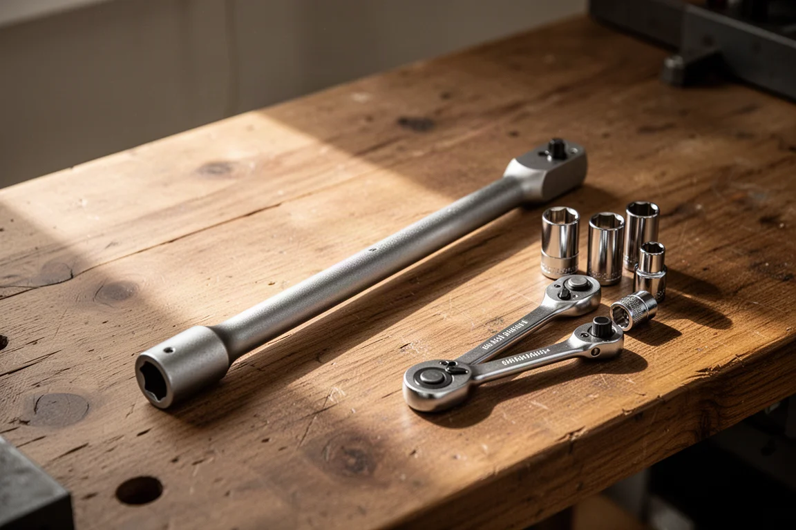 Machinist's socket extension handle resting on a workshop bench beside loose sockets