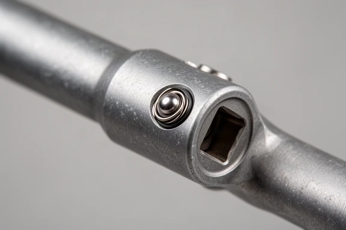 Close-up of a push-button locking mechanism on the end of a steel socket extension