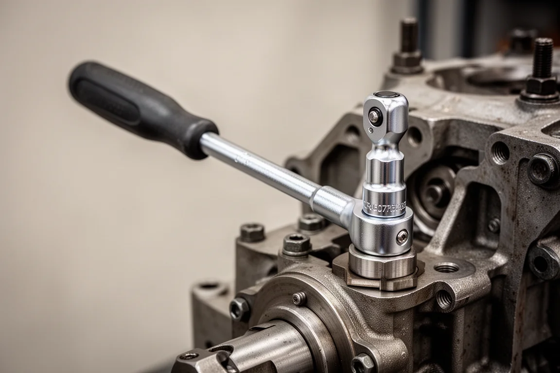 Ratchet with extension and socket attached to a bolt on a mechanical assembly