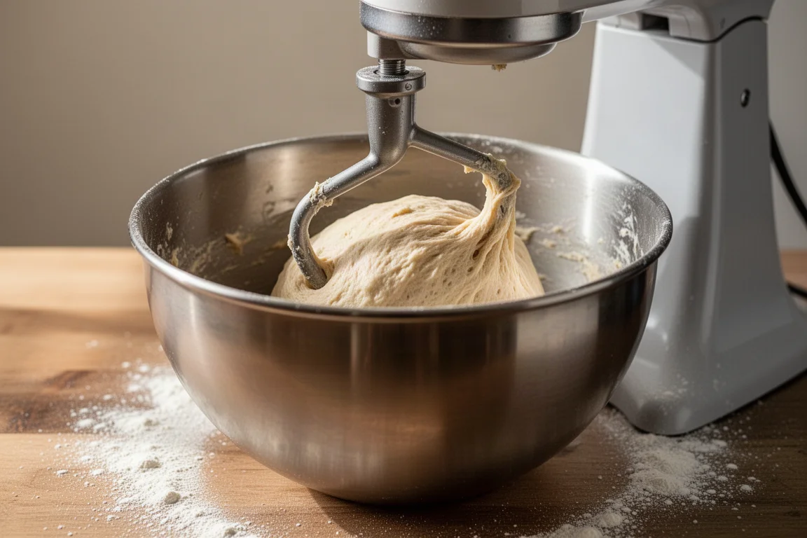 Küchenmaschine knetet dicken Pizzateig in einer Schüssel, Mehl auf der Anrichte