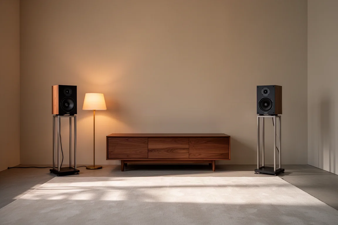 Minimalist listening room at dusk with two compact speakers on open-frame stands