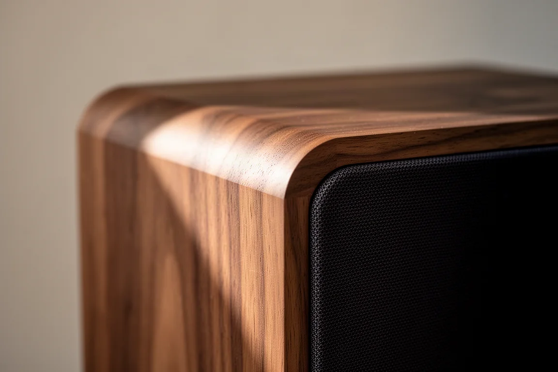 Close detail of a walnut veneer speaker cabinet corner in soft window light