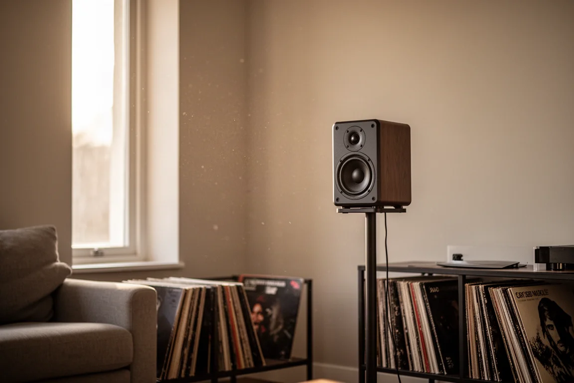 Compact stand mount speaker on a stand beside a shelf of vinyl records