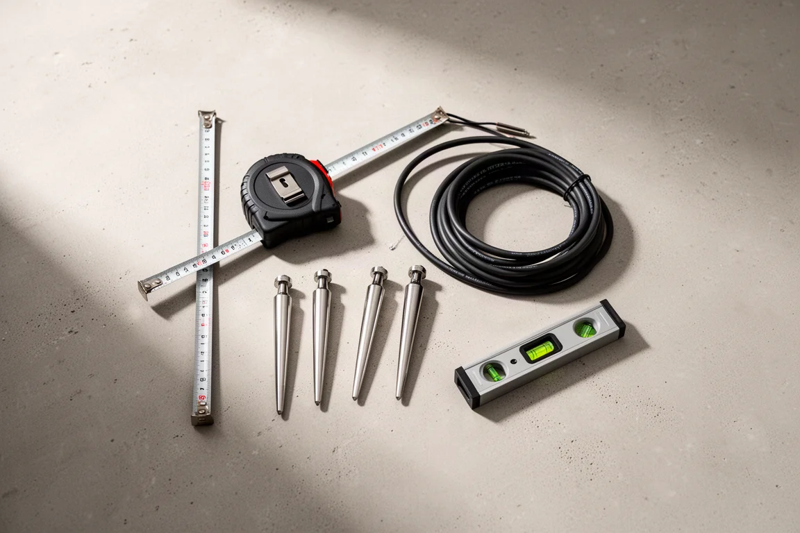 Overhead flat lay of measuring tape, speaker spikes, cable, and a spirit level
