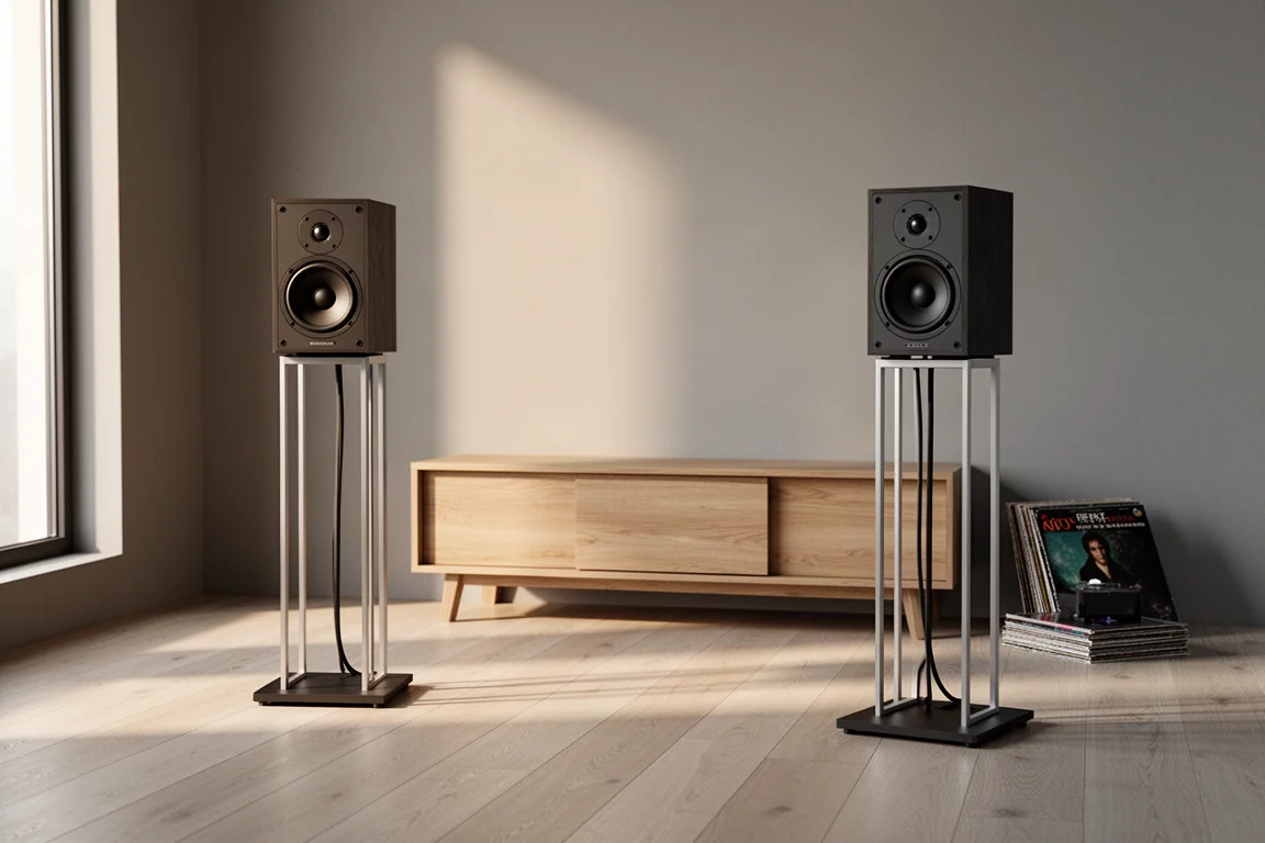 Two compact stand mount speakers on metal stands in a minimalist listening room