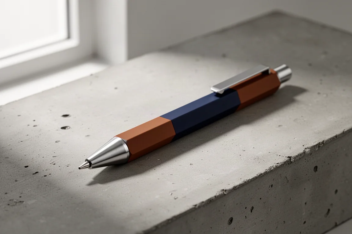 Navy and brown two-tone mechanical pencil resting diagonally on a concrete surface