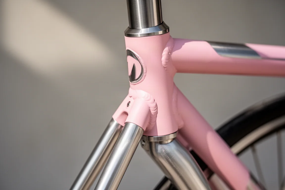 Close-up van de buisverbindingen van het aluminium frame met lasrupsen onder matte roze lak