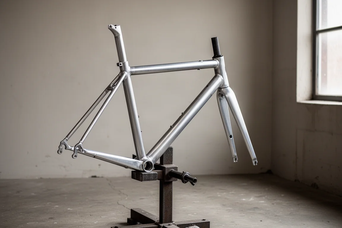 Kaal aluminium raceframeset op een montagestandaard tegen een betonnen muur