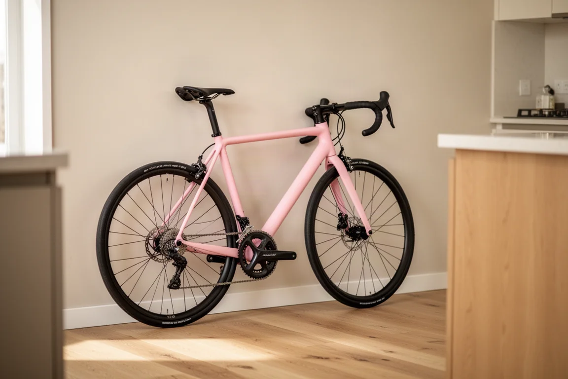 Racefiets leunt tegen een keukenmuur in een licht, modern appartement
